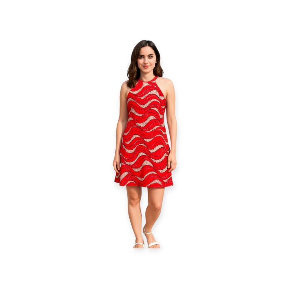 Ann Taylor Red Cream Retro Mod Halter Dress Sleeveless Cotton Stretch Sz 2